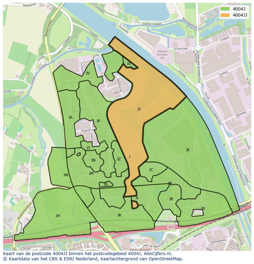 Afbeelding van het postcodegebied 4004 JJ op de kaart.
