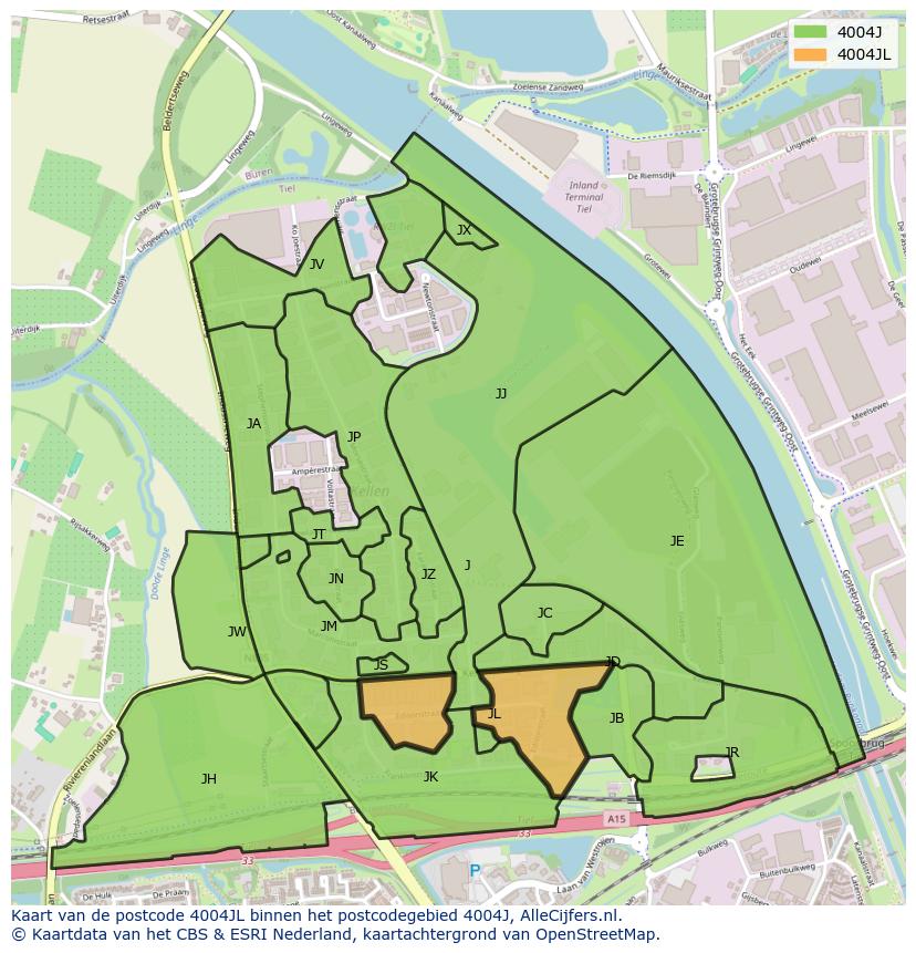 Afbeelding van het postcodegebied 4004 JL op de kaart.
