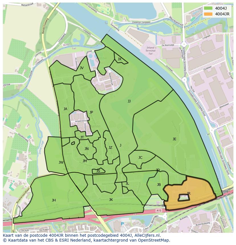 Afbeelding van het postcodegebied 4004 JR op de kaart.