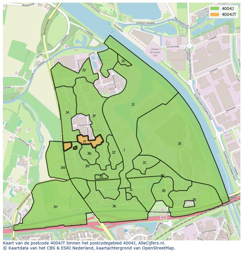 Afbeelding van het postcodegebied 4004 JT op de kaart.