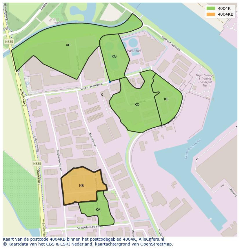 Afbeelding van het postcodegebied 4004 KB op de kaart.
