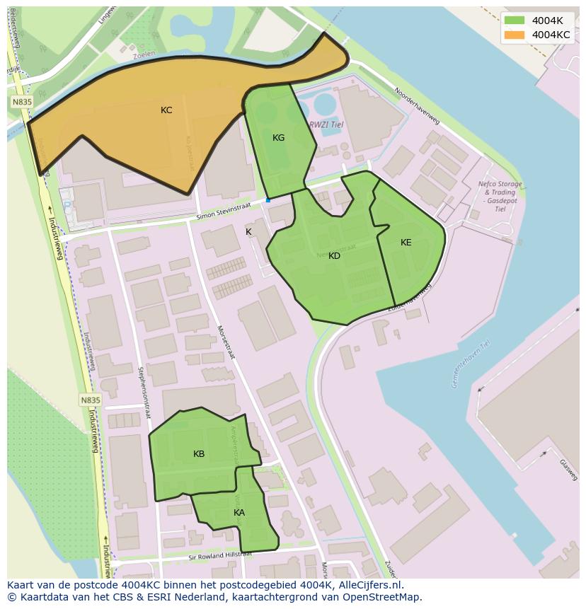 Afbeelding van het postcodegebied 4004 KC op de kaart.
