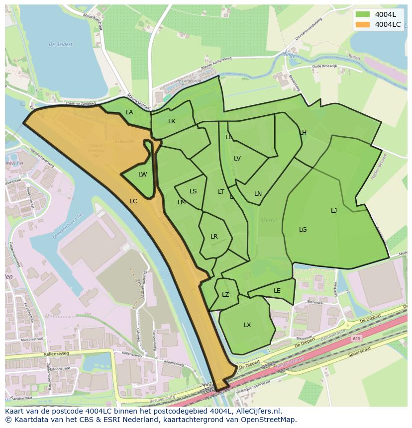 Afbeelding van het postcodegebied 4004 LC op de kaart.