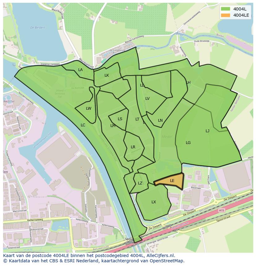 Afbeelding van het postcodegebied 4004 LE op de kaart.