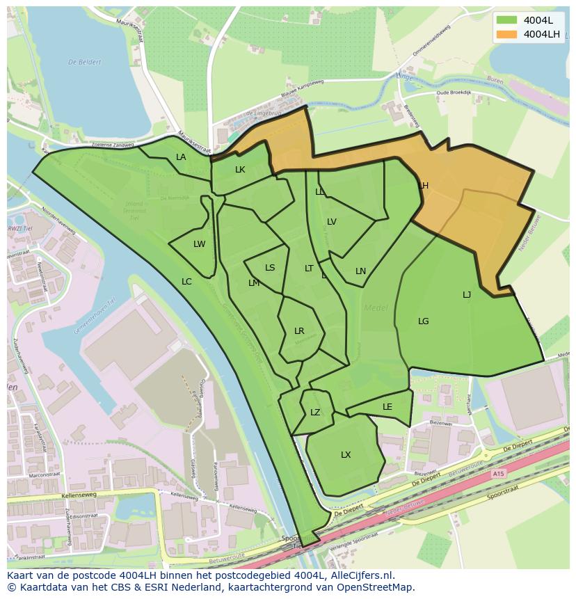 Afbeelding van het postcodegebied 4004 LH op de kaart.