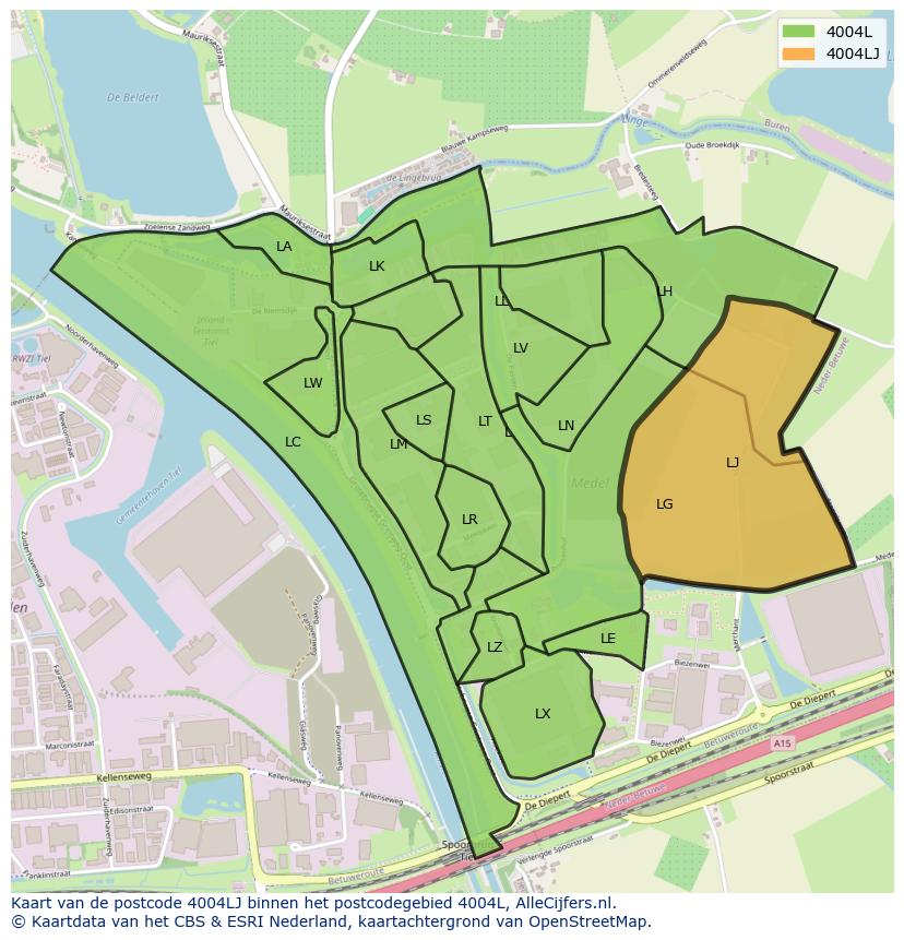 Afbeelding van het postcodegebied 4004 LJ op de kaart.