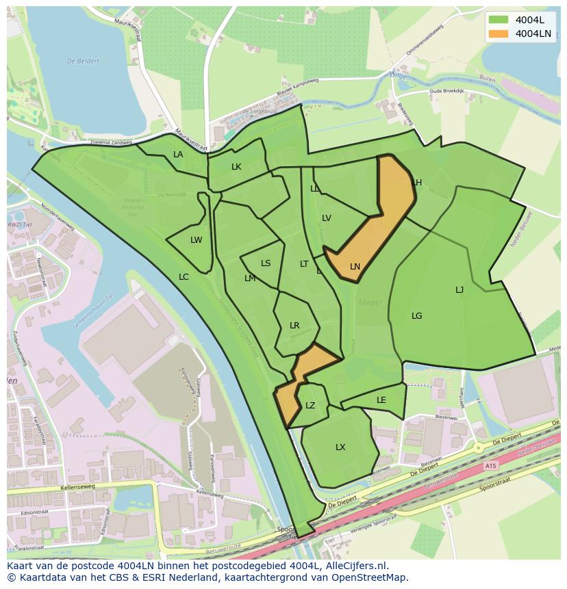 Afbeelding van het postcodegebied 4004 LN op de kaart.