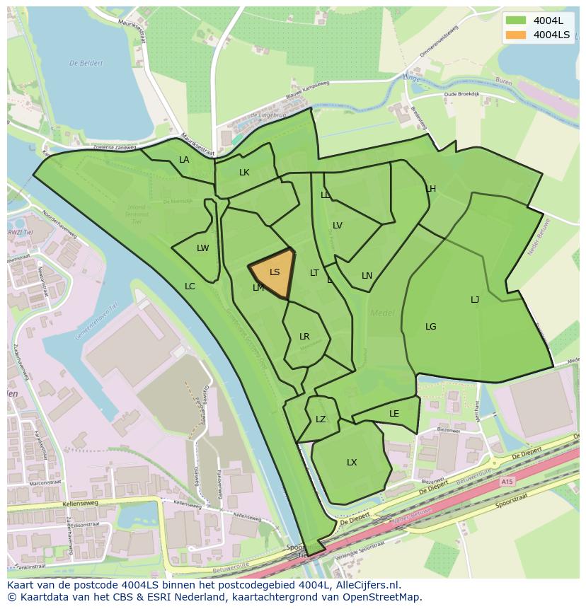 Afbeelding van het postcodegebied 4004 LS op de kaart.