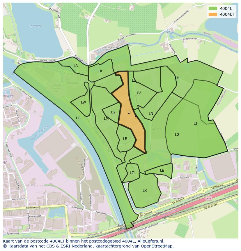 Afbeelding van het postcodegebied 4004 LT op de kaart.