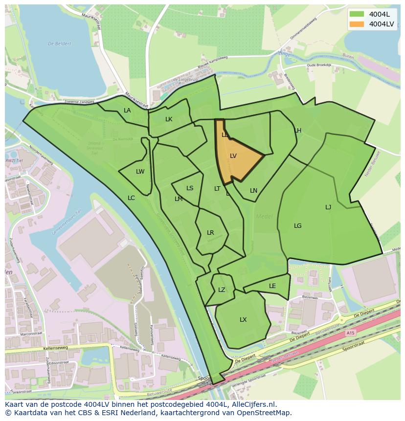 Afbeelding van het postcodegebied 4004 LV op de kaart.