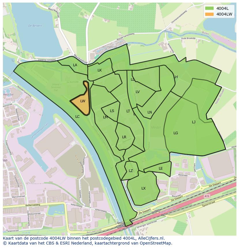 Afbeelding van het postcodegebied 4004 LW op de kaart.