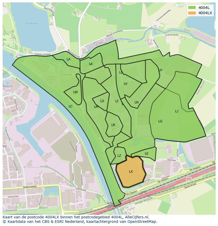 Afbeelding van het postcodegebied 4004 LX op de kaart.