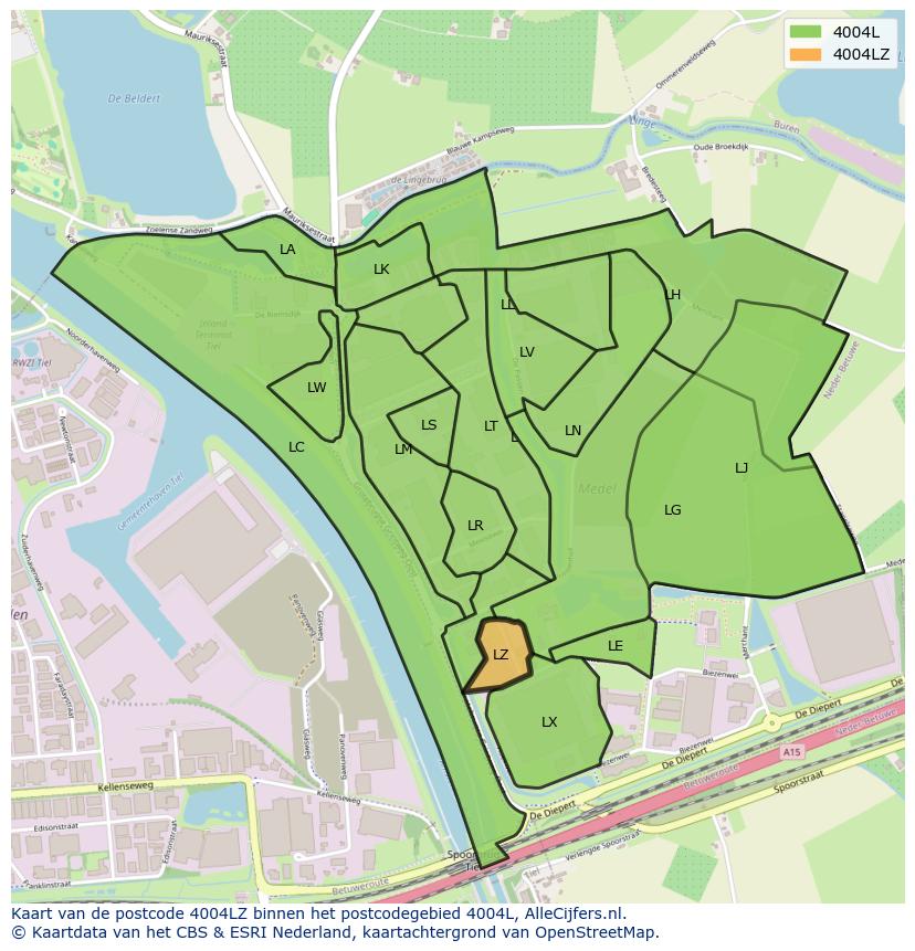 Afbeelding van het postcodegebied 4004 LZ op de kaart.