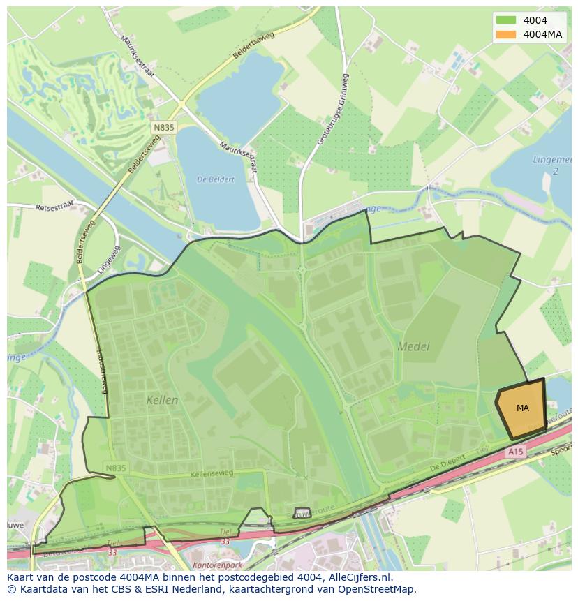 Afbeelding van het postcodegebied 4004 MA op de kaart.
