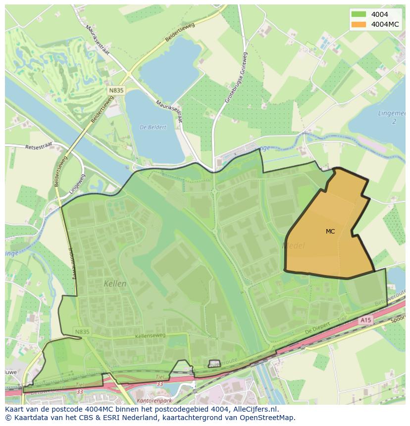 Afbeelding van het postcodegebied 4004 MC op de kaart.