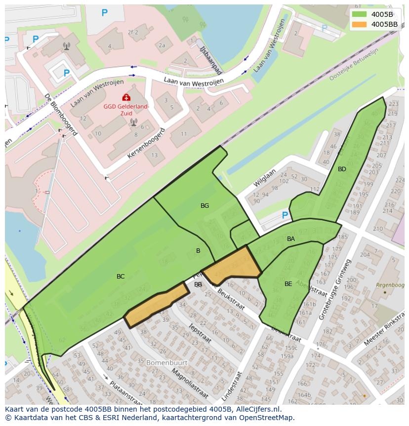 Afbeelding van het postcodegebied 4005 BB op de kaart.