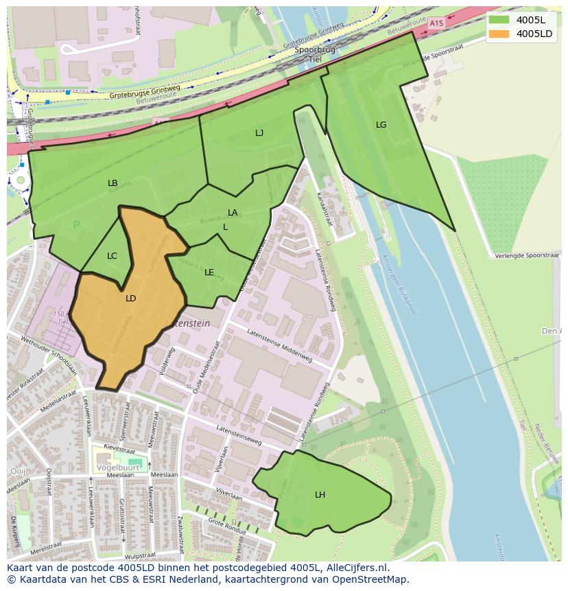 Afbeelding van het postcodegebied 4005 LD op de kaart.