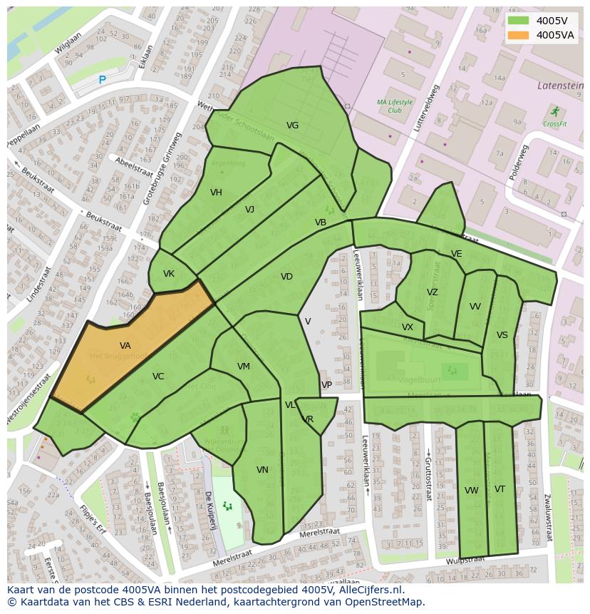 Afbeelding van het postcodegebied 4005 VA op de kaart.