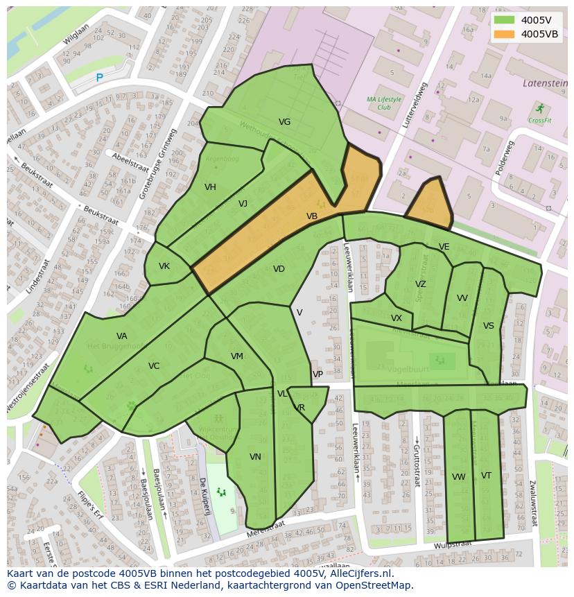 Afbeelding van het postcodegebied 4005 VB op de kaart.