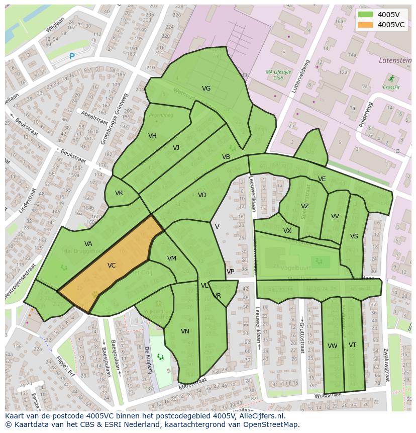 Afbeelding van het postcodegebied 4005 VC op de kaart.