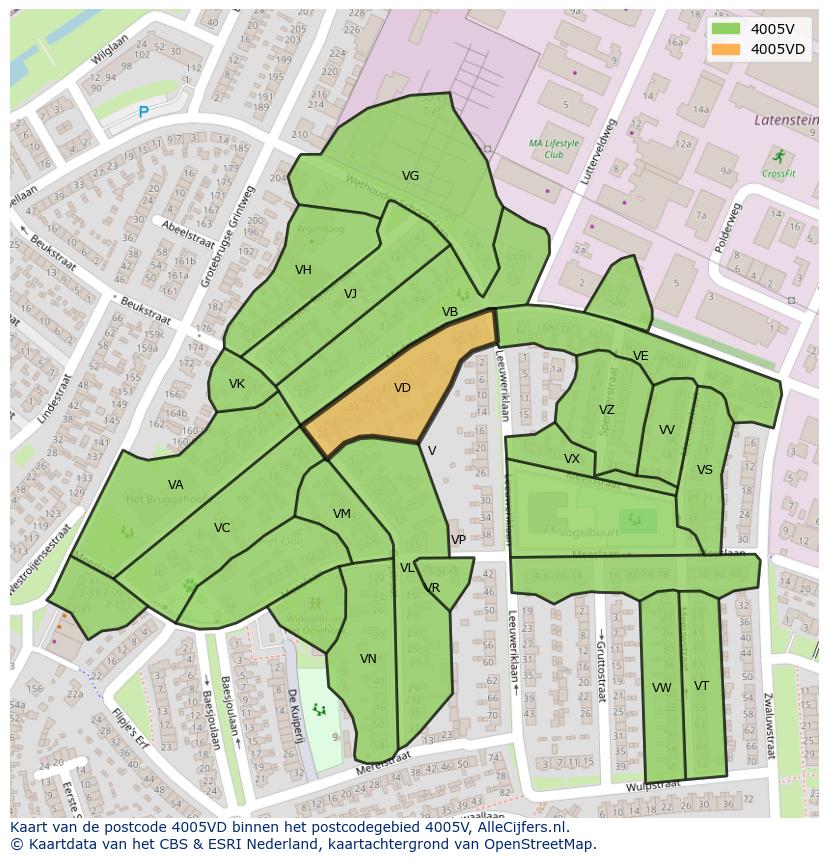 Afbeelding van het postcodegebied 4005 VD op de kaart.