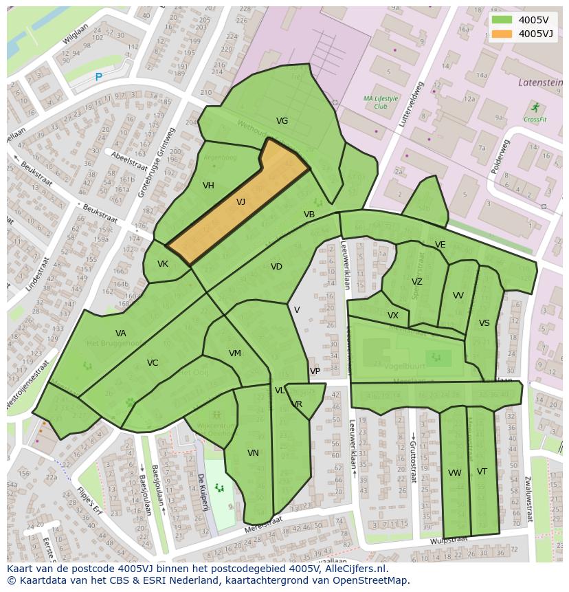 Afbeelding van het postcodegebied 4005 VJ op de kaart.