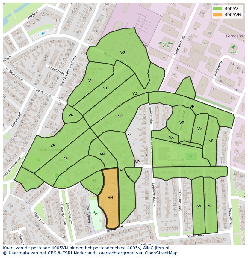 Afbeelding van het postcodegebied 4005 VN op de kaart.