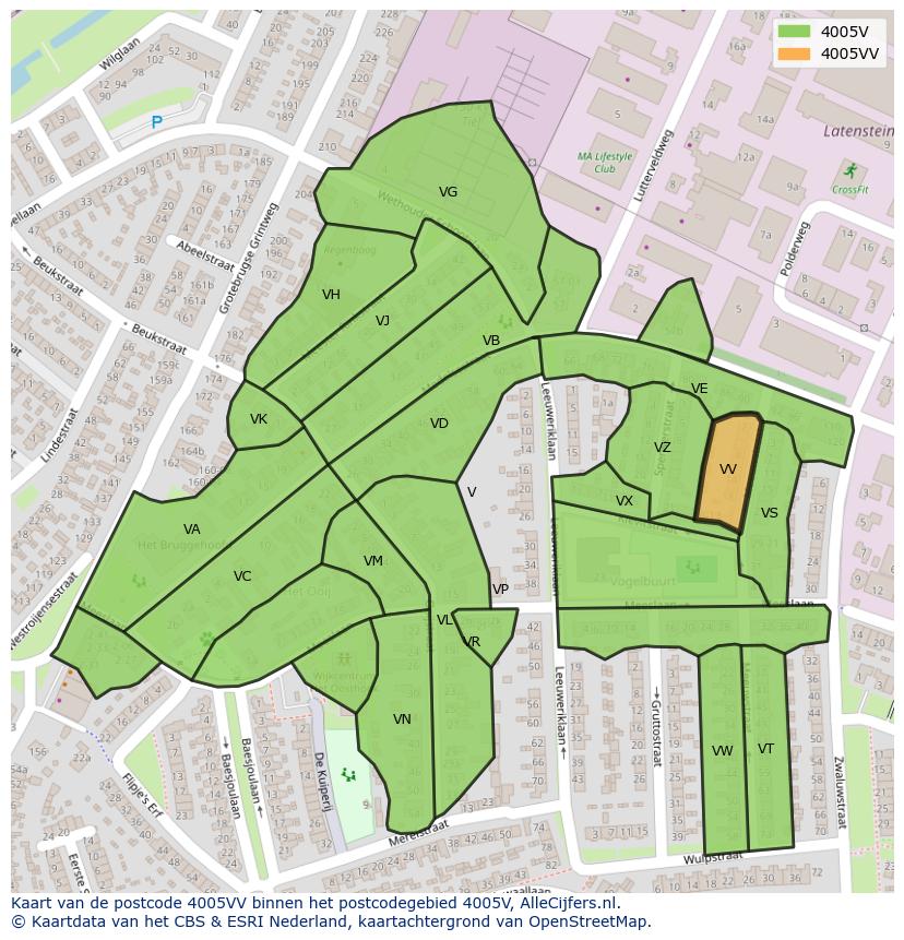 Afbeelding van het postcodegebied 4005 VV op de kaart.