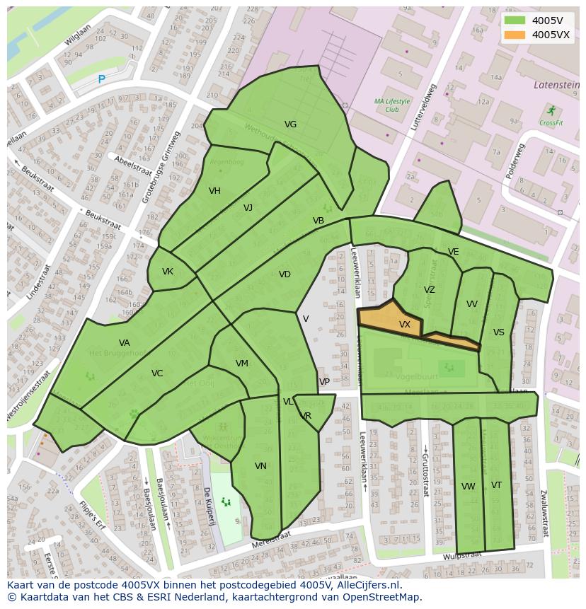 Afbeelding van het postcodegebied 4005 VX op de kaart.