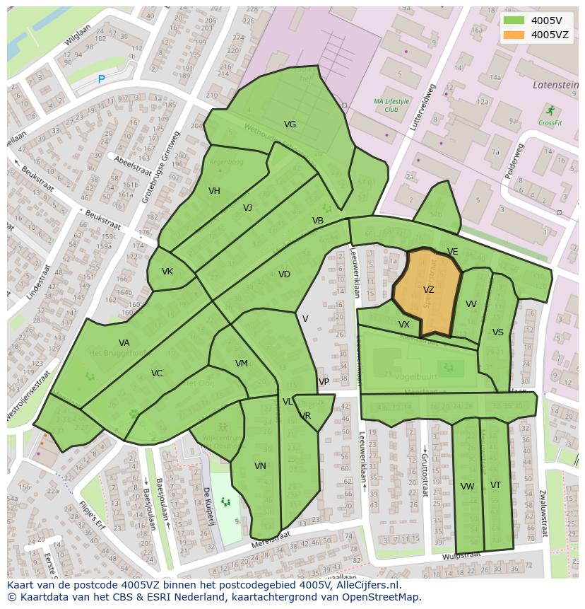 Afbeelding van het postcodegebied 4005 VZ op de kaart.