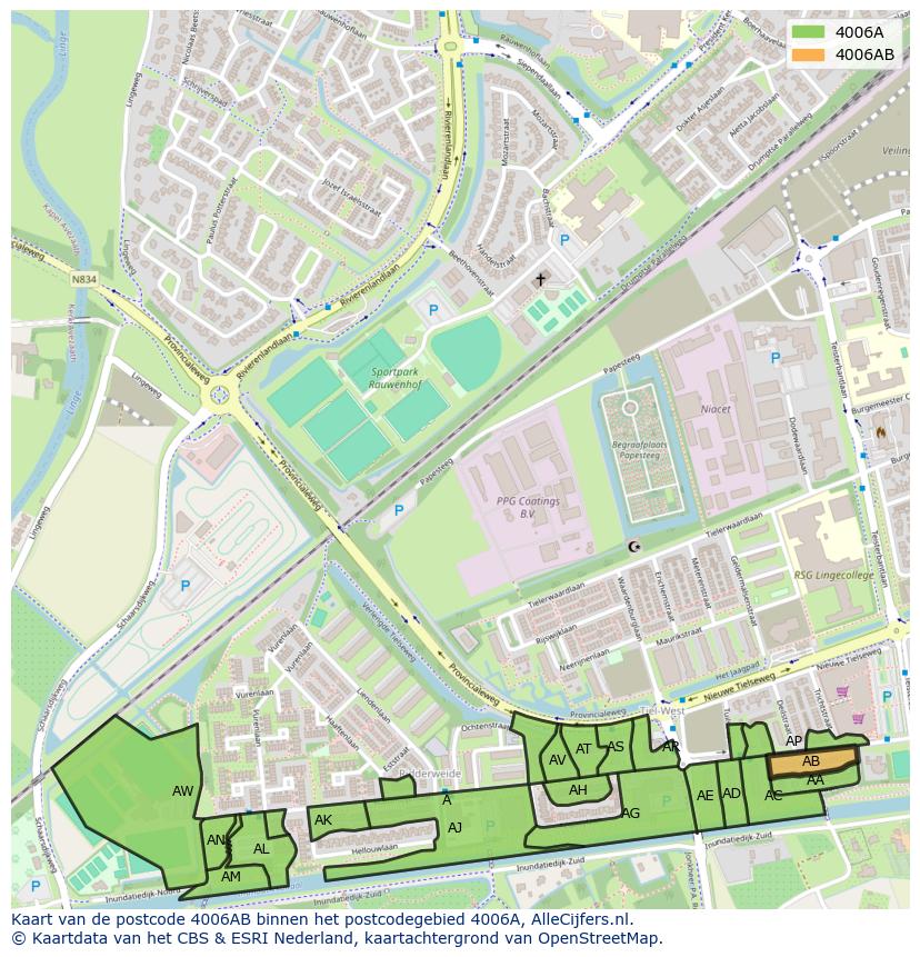 Afbeelding van het postcodegebied 4006 AB op de kaart.