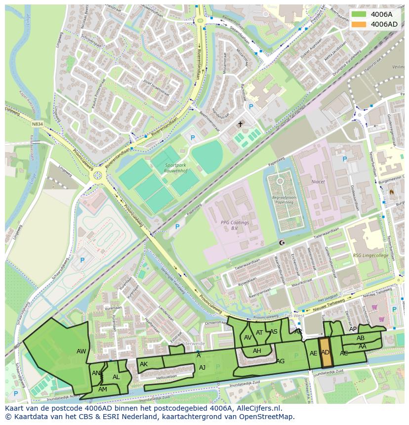 Afbeelding van het postcodegebied 4006 AD op de kaart.