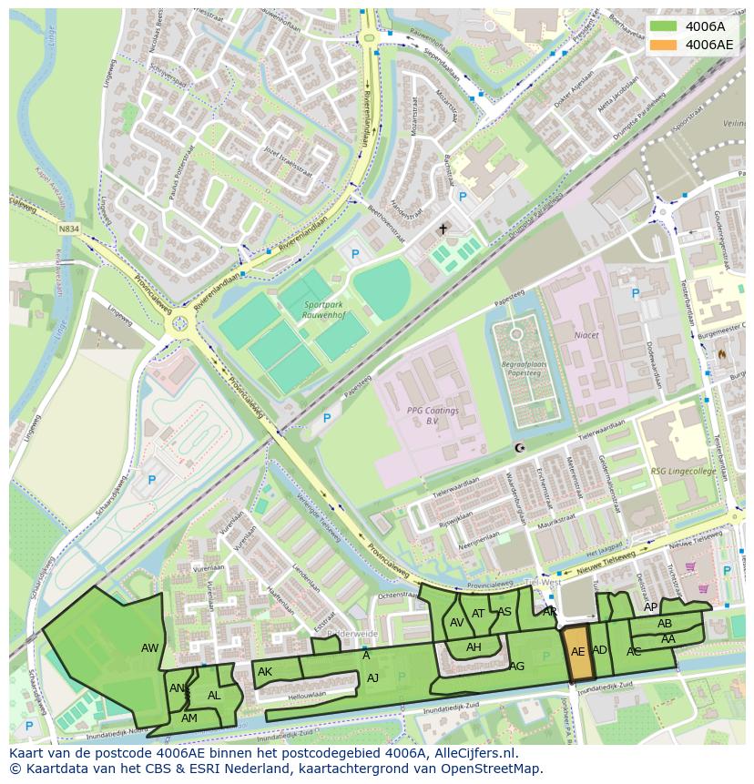 Afbeelding van het postcodegebied 4006 AE op de kaart.