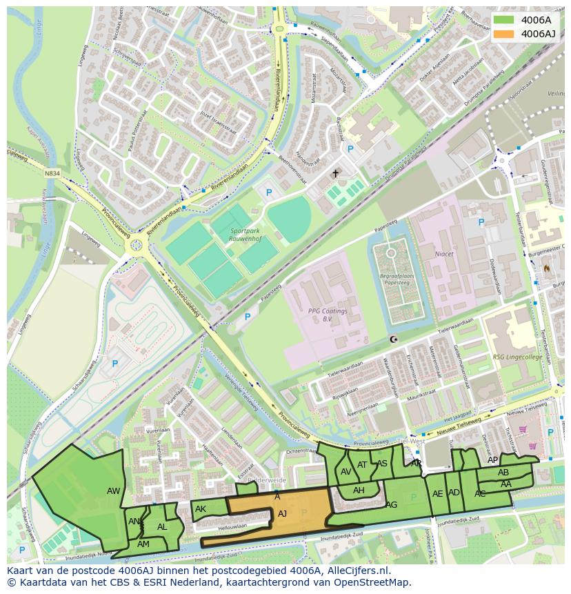 Afbeelding van het postcodegebied 4006 AJ op de kaart.