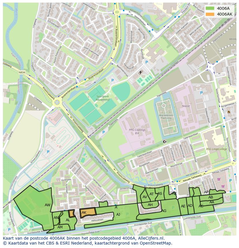 Afbeelding van het postcodegebied 4006 AK op de kaart.