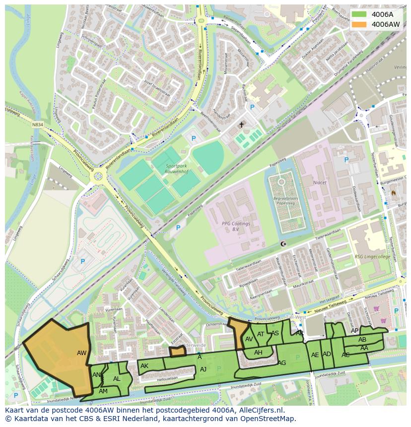 Afbeelding van het postcodegebied 4006 AW op de kaart.