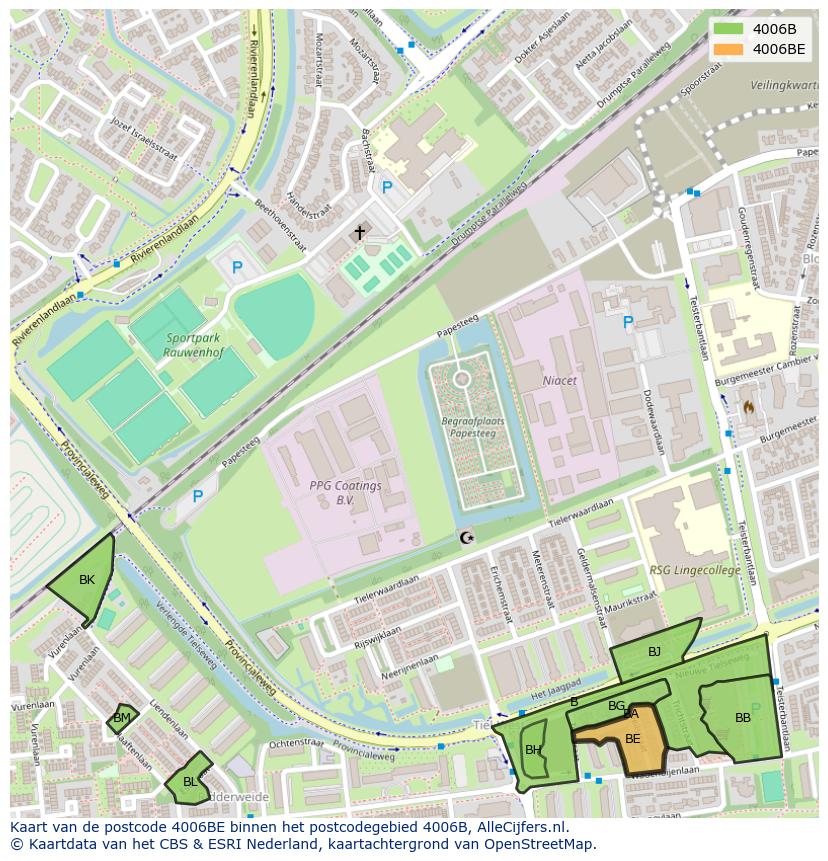 Afbeelding van het postcodegebied 4006 BE op de kaart.
