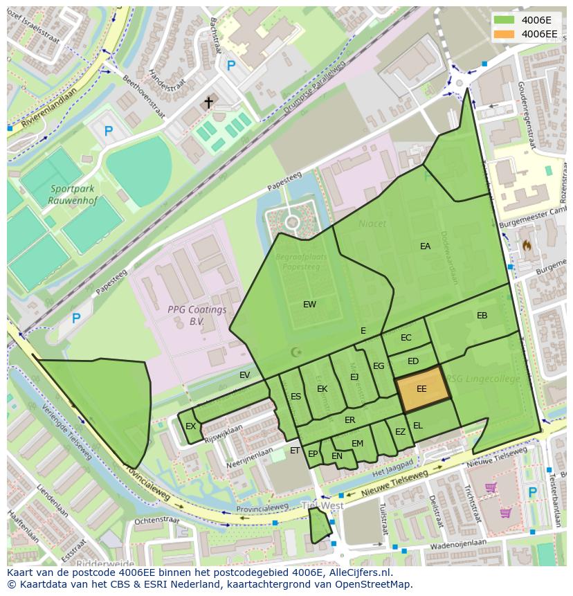 Afbeelding van het postcodegebied 4006 EE op de kaart.