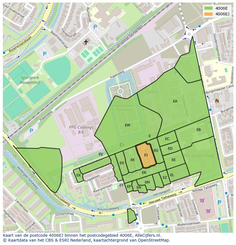 Afbeelding van het postcodegebied 4006 EJ op de kaart.