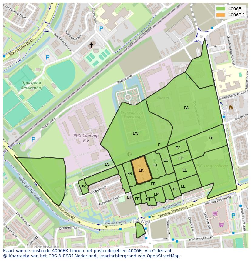 Afbeelding van het postcodegebied 4006 EK op de kaart.