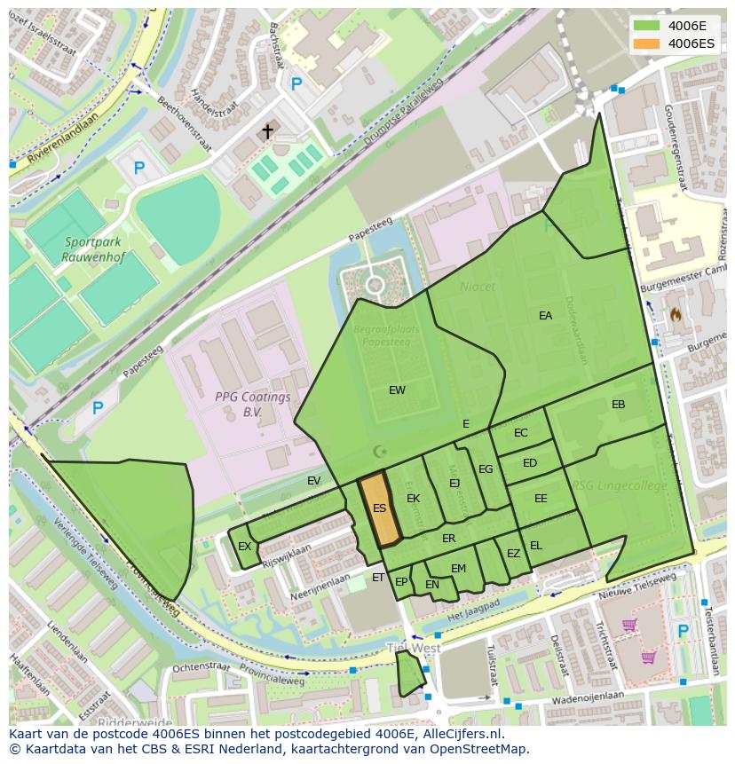 Afbeelding van het postcodegebied 4006 ES op de kaart.
