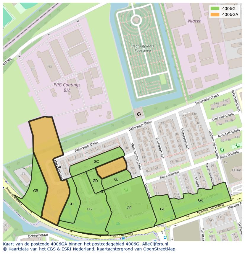 Afbeelding van het postcodegebied 4006 GA op de kaart.