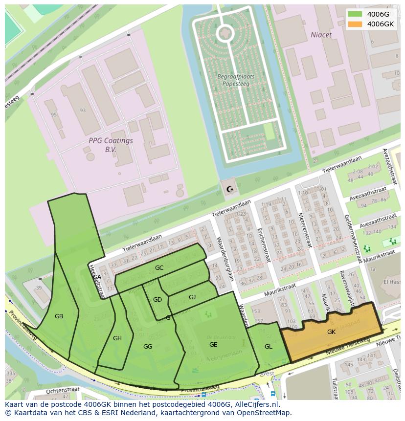 Afbeelding van het postcodegebied 4006 GK op de kaart.