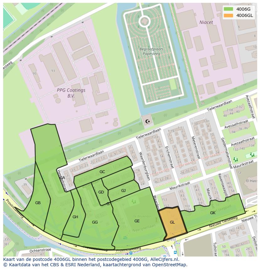 Afbeelding van het postcodegebied 4006 GL op de kaart.