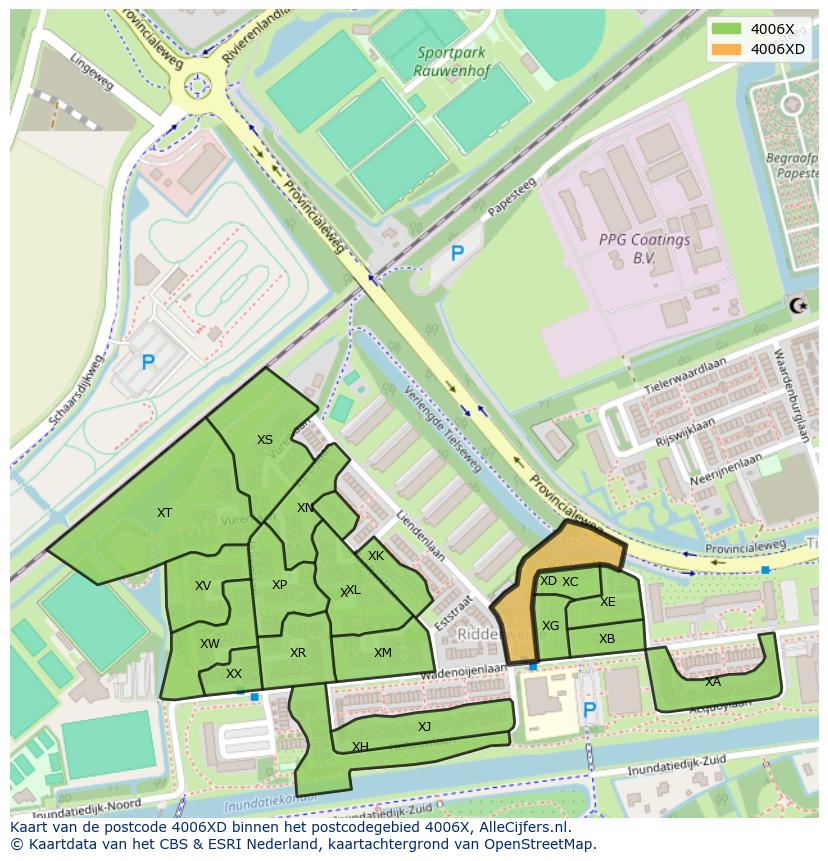 Afbeelding van het postcodegebied 4006 XD op de kaart.