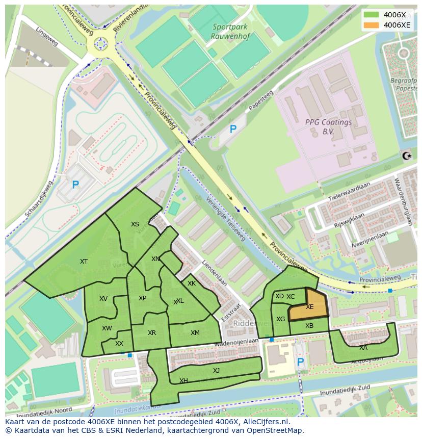 Afbeelding van het postcodegebied 4006 XE op de kaart.