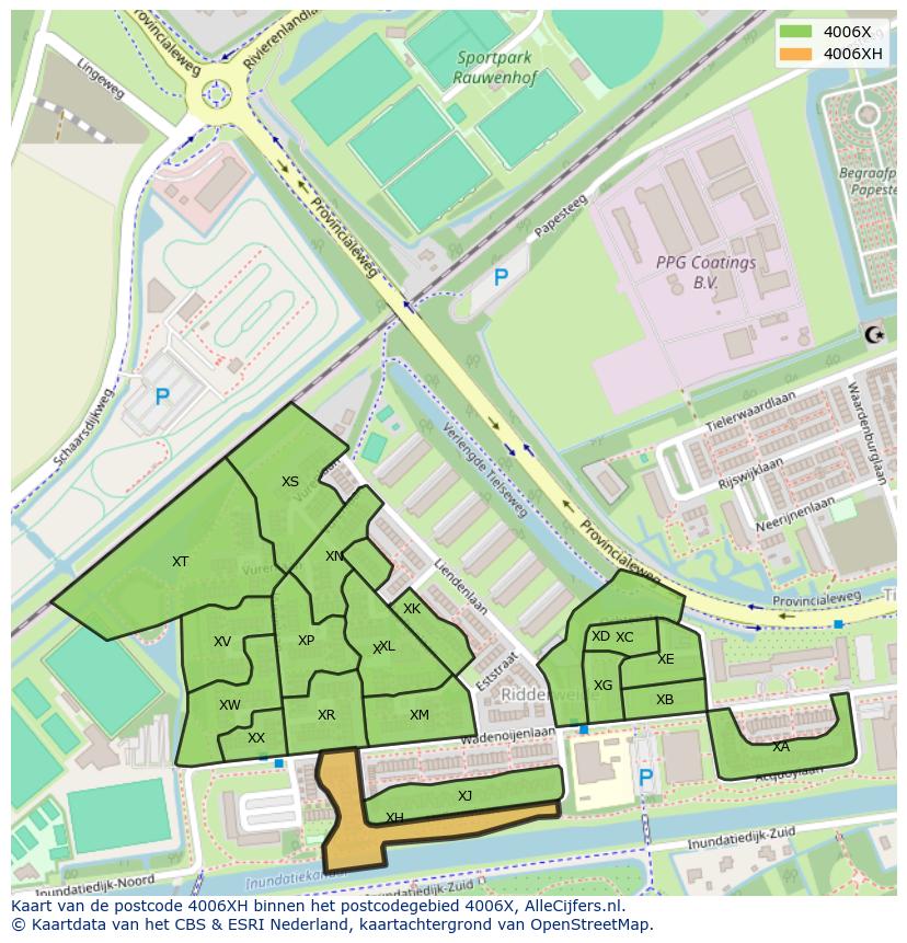 Afbeelding van het postcodegebied 4006 XH op de kaart.