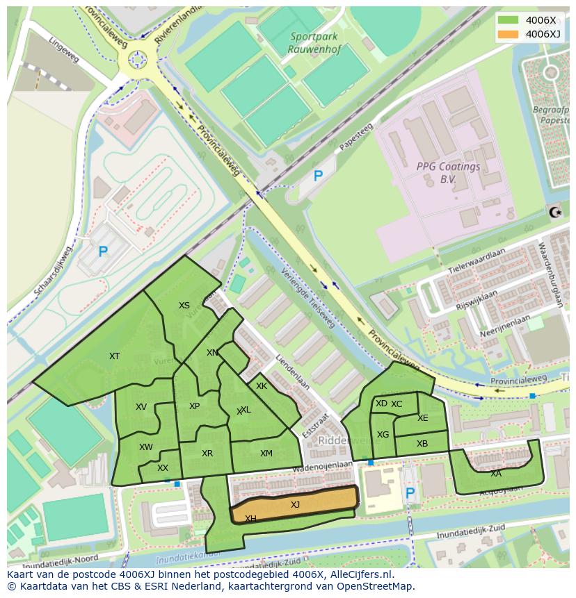 Afbeelding van het postcodegebied 4006 XJ op de kaart.