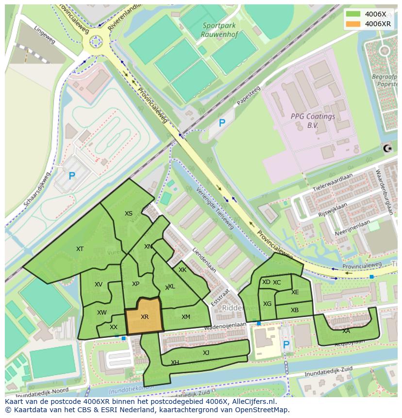 Afbeelding van het postcodegebied 4006 XR op de kaart.