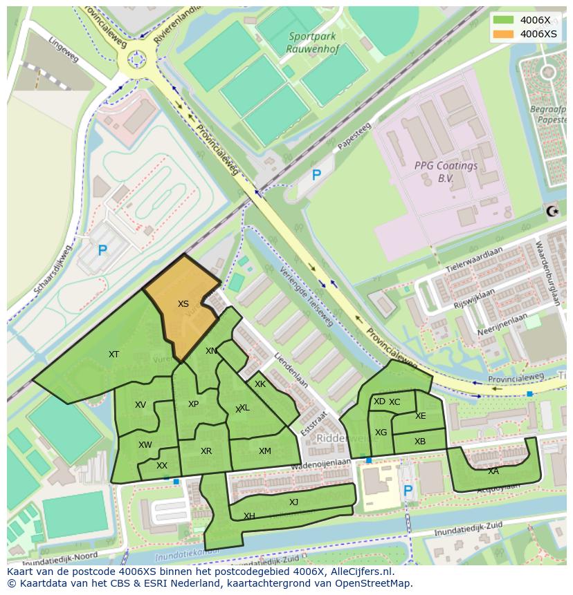 Afbeelding van het postcodegebied 4006 XS op de kaart.
